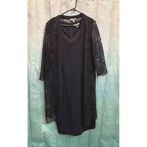 Maya Brooke Dress Navy Blue Tiered Sleeveless/Short Sleeve layer lace cover